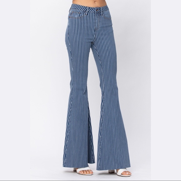 New! Judy Blue Hi Waist Super Flare Pin Stripe Dark Wash - Picture 7 of 11